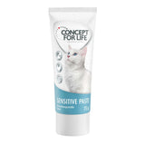 Concept for Life Sensitive Paste, 75 g, for nutritionally sensitive cats. With icons for digestion, chicken and cat.