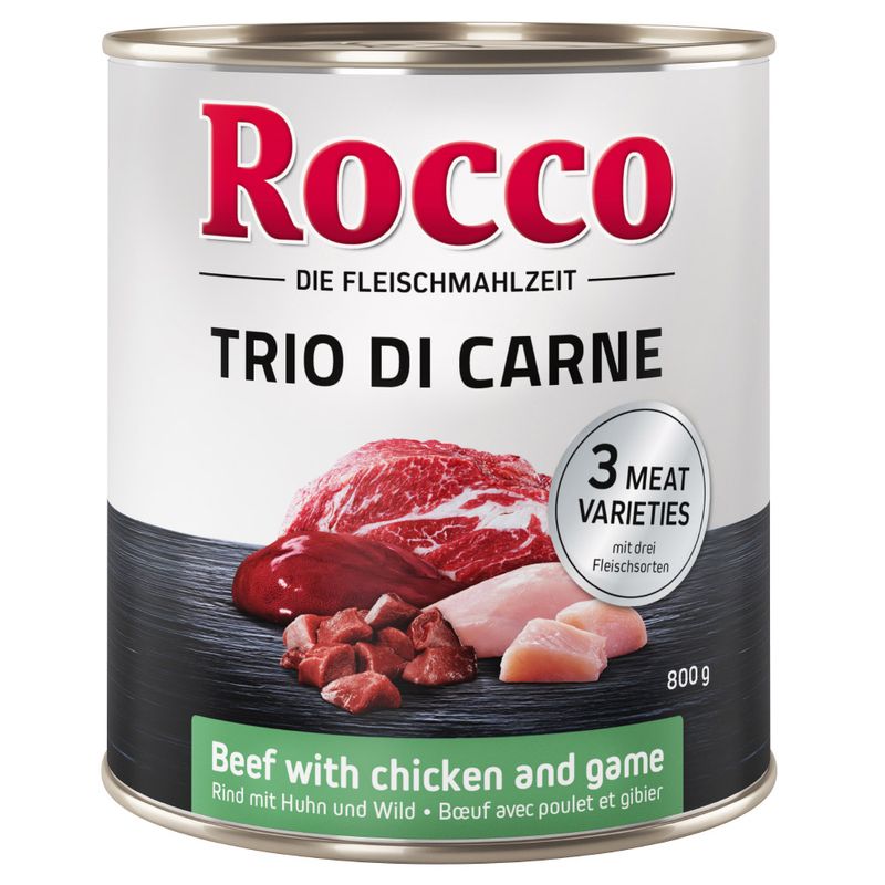 Tin labelled 'Trio di Carne' with 3 meat varieties: beef, chicken and game. Text highlights 'Beef with chicken and game'. Net weight shown as 800g.
