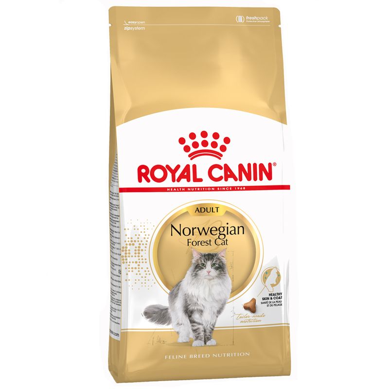 Royal Canin Adult Norwegian Forest Cat dry food, specially for Norwegian Forest Cats. Packaging shows a cat and highlights healthy skin and coat care.