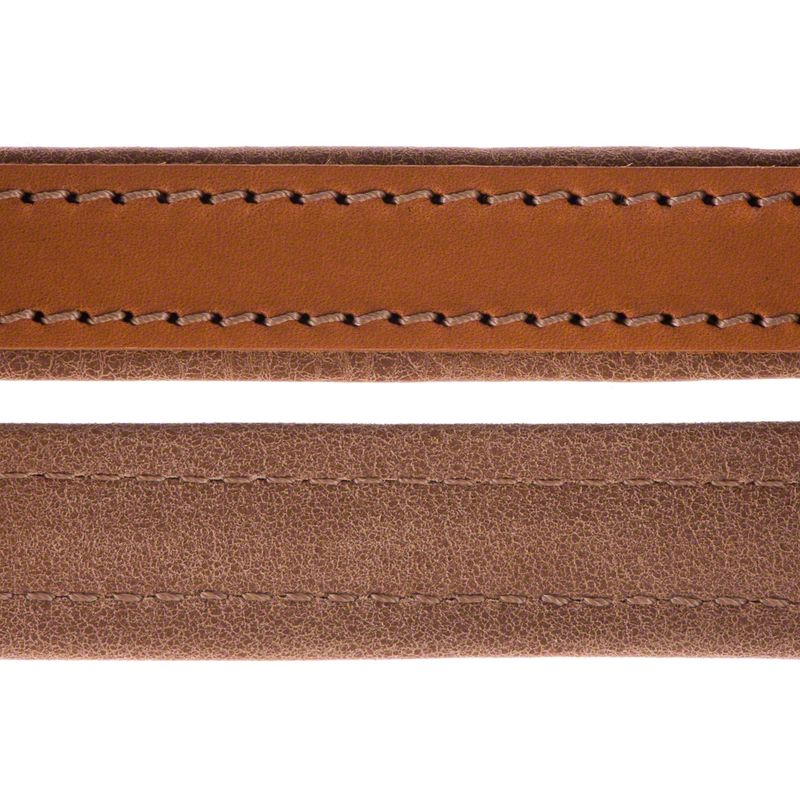 Close-up of two brown leather straps with visible stitching, different textures and shades.