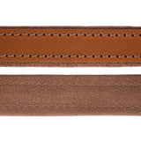 Close-up of two brown leather straps with visible stitching, different textures and shades.