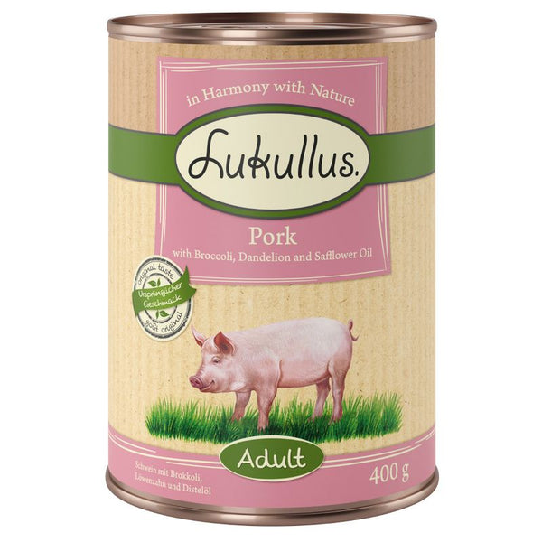 Lukullus Adult pork with broccoli, dandelion and safflower oil, 400 g. Original taste, in Harmony with Nature.