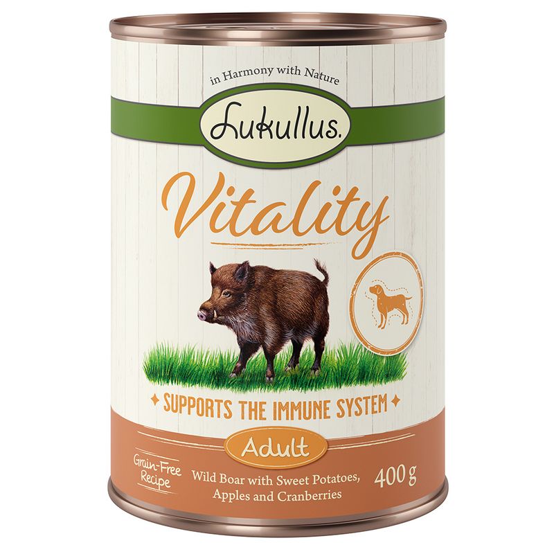 Lukullus Vitality Adult, wild boar with sweet potatoes, apples and cranberries, 400g. Supports the immune system. Grain-free recipe.