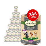 Lukullus Veal & turkey with sweet potato, pear and linseed oil, Senior, 24 x 400g tins. Large red badge shows '24x 400g'. Visible text: Extra green-lipped mussel.