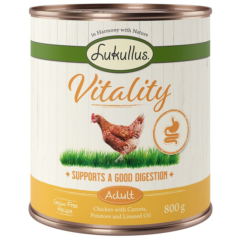 Lukullus Vitality Adult, 800g can. Grain-free recipe with chicken, carrots, potatoes and linseed oil. Supports good digestion.