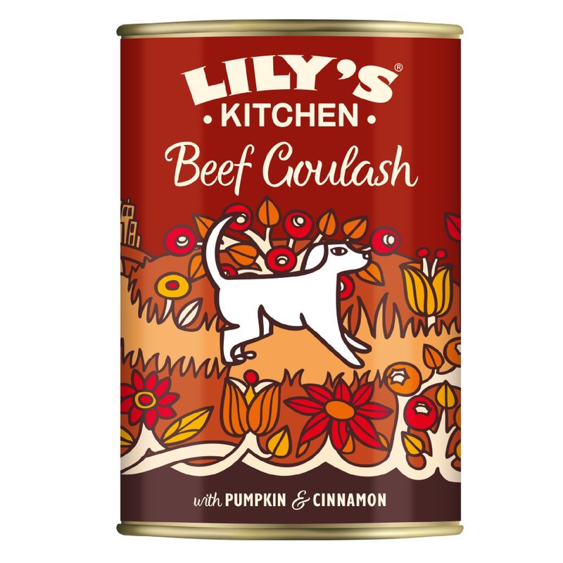 Lily's Kitchen Beef Goulash with Pumpkin and Cinnamon, can with colourful illustration of a dog and flowers.