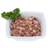 Bowl with wet food, consisting of meat pieces and cubes, garnished with parsley.