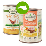 Lukullus Vitality Adult, chicken with carrots, potatoes and linseed oil. Supports digestion, grain-free recipe, with chamomile, single meat. 400g can.
