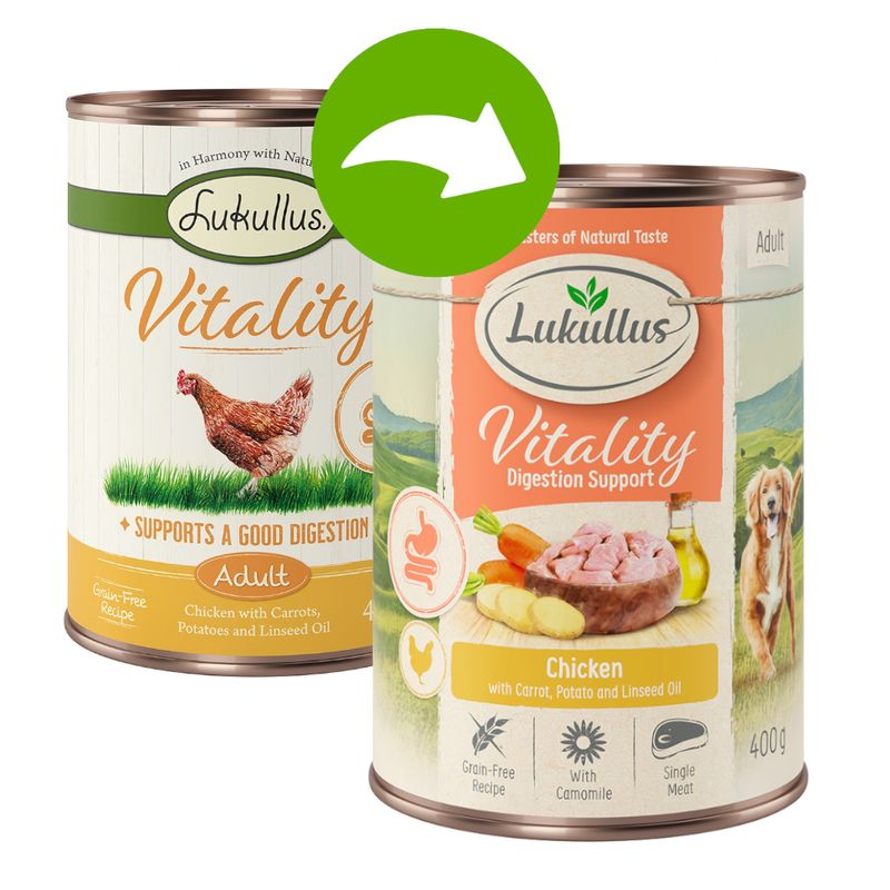 Lukullus Vitality Adult, chicken with carrots, potatoes and linseed oil. Supports digestion, grain-free recipe, with chamomile, single meat. 400g can.