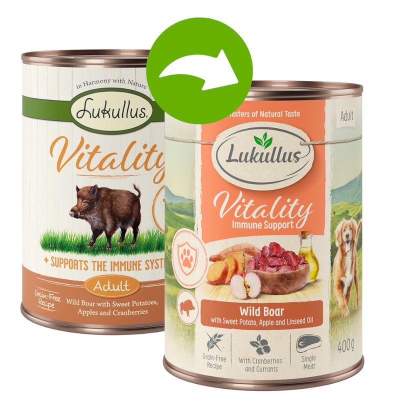 Lukullus Vitality Adult, wild boar with sweet potatoes, apples and cranberries. Supports the immune system. Grain-free recipe with lingonberries and currants, single meat, 400g.