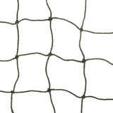 Close-up of sturdy green-black mesh fabric with square holes. Material: twisted rope.