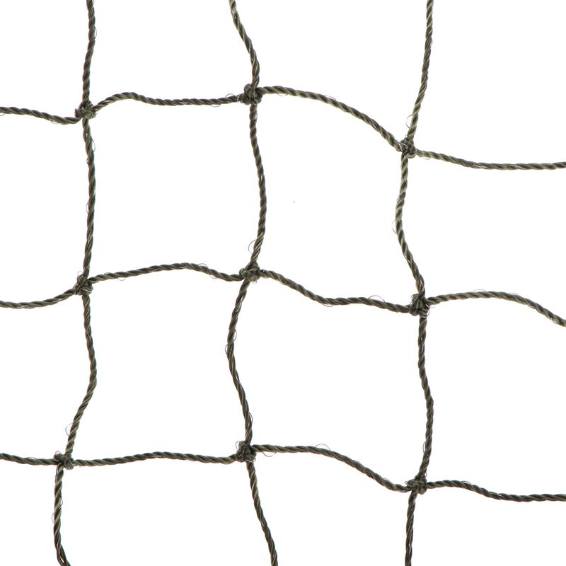 Close-up of sturdy green-black mesh fabric with square holes. Material: twisted rope.