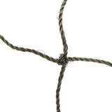 Close-up of a green, knotted rope with metal rings. Suitable for net or fastening applications.