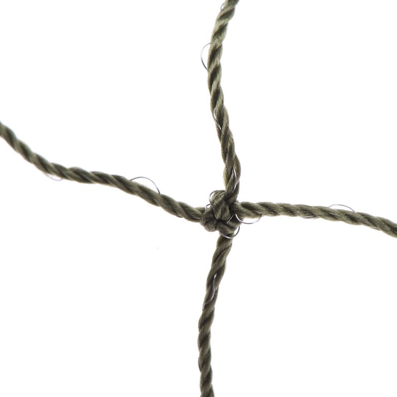 Close-up of a green, knotted rope with metal rings. Suitable for net or fastening applications.