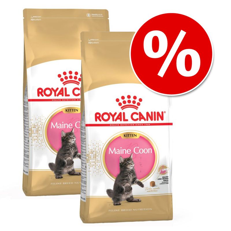 Two bags of Royal Canin Kitten Maine Coon dry cat food with a large red percentage discount symbol