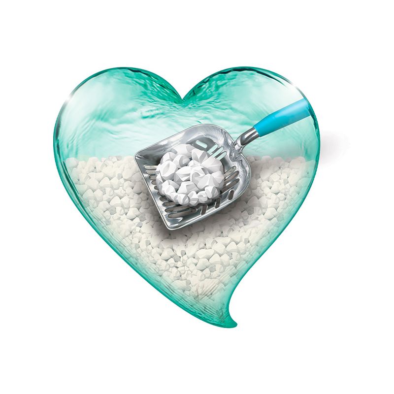 Metal scoop with white cat litter in a heart-shaped container. Demonstration of product use for cat litter.