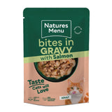 Bites in gravy with salmon, complete and balanced, made with natural ingredients, adult, taste cats will love. Image shows food pouch with visible chunks in gravy.