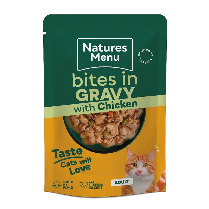 Natures Menu bites in gravy with chicken, complete and balanced, made with natural ingredients, adult, taste cats will love.