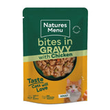 Natures Menu bites in gravy with chicken, complete and balanced, made with natural ingredients, adult, taste cats will love.