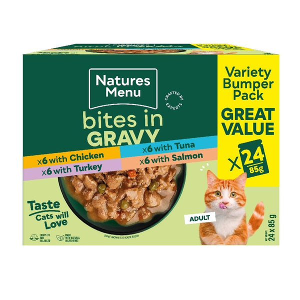 Natures Menu bites in gravy variety pack, 24 x 85g pouches with chicken, turkey, tuna and salmon. Complete and balanced, made with natural ingredients. For adult cats.