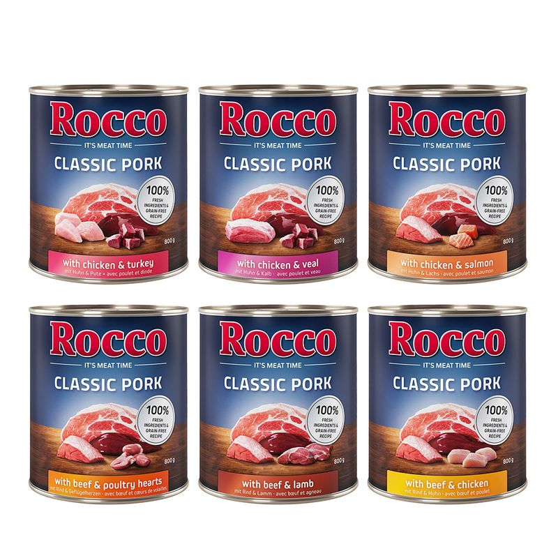 Rocco Classic Pork wet food, 800g cans in various varieties: chicken & turkey, chicken & veal, chicken & salmon, beef & poultry hearts, beef & lamb, beef & chicken. 100% fresh ingredients, grain-free.