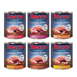 Rocco Classic Pork wet food, 800g cans in various varieties: chicken & turkey, chicken & veal, chicken & salmon, beef & poultry hearts, beef & lamb, beef & chicken. 100% fresh ingredients, grain-free.