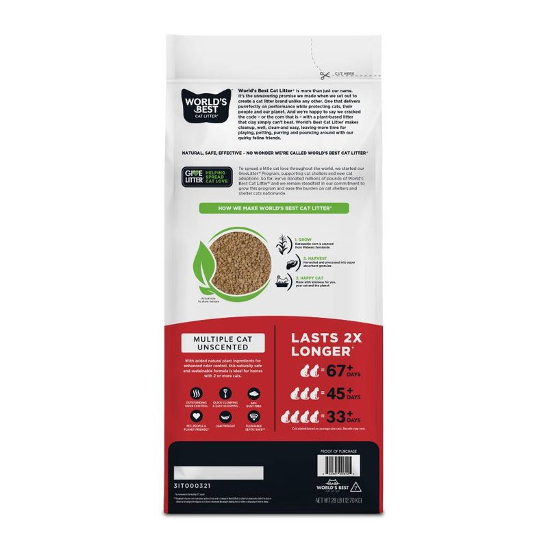 Back of cat litter packaging showing usage duration for multiple cats, unscented formula, natural plant ingredients, and icons for clumping, odour control, flushable, lightweight, and dust free.