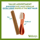Value assortment featuring two extra large shapes, Stix and Toothbrush, highlighted as the most popular options at the best value. Whimzees Wellness branding shown.
