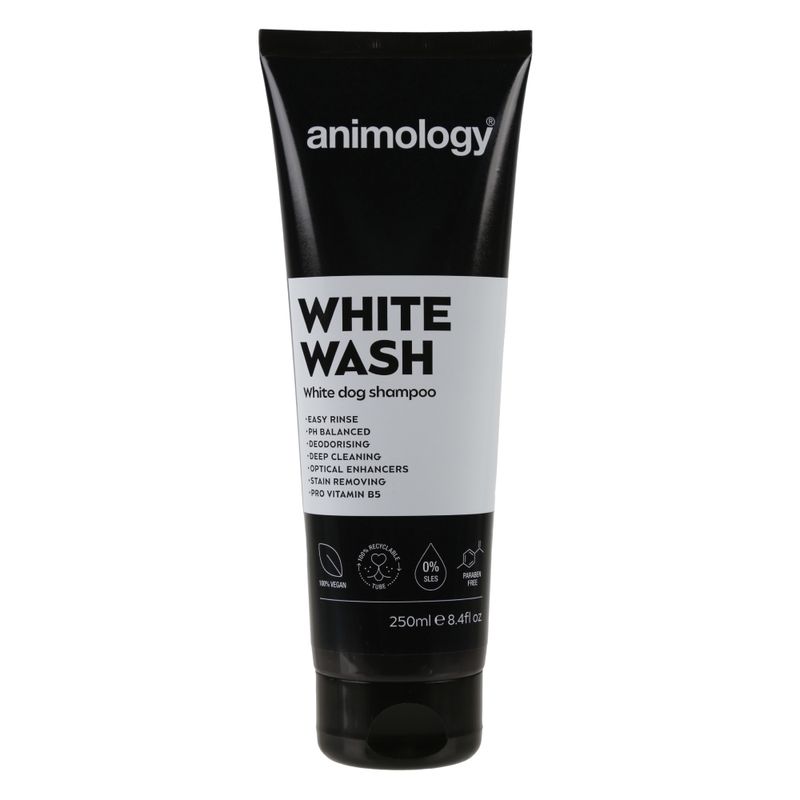 White Wash white dog shampoo, 250ml. Features: easy rinse, pH balanced, deodorising, deep cleaning, optical enhancers, stain removing, pro vitamin B5, vegan, recyclable, SLES and paraben free.