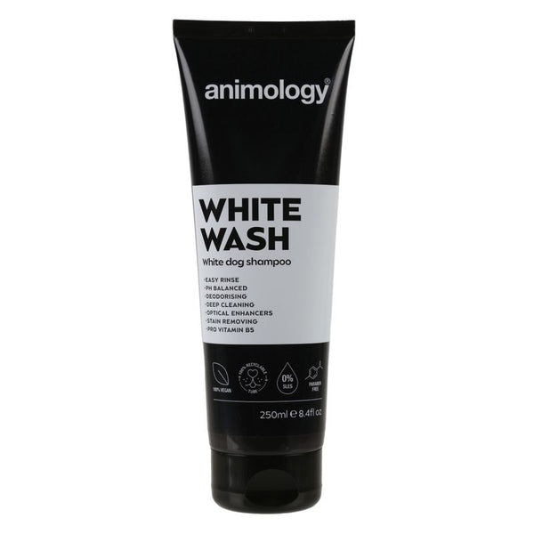 White Wash white dog shampoo, 250ml. Features: easy rinse, pH balanced, deodorising, deep cleaning, optical enhancers, stain removing, pro vitamin B5, vegan, recyclable, SLES and paraben free.