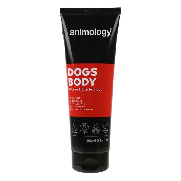 Tube labelled 'Dogs Body all breed dog shampoo', features include easy rinse, deodorising, deep cleaning, pro vitamin B5, built-in conditioner, vegan, sulphate and paraben free, 250ml.