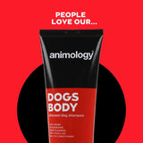 Animology Dogs Body all breed dog shampoo with easy rinse, deodorising, deep cleaning, pro vitamin B5 and built-in conditioner features. Text: People love our...