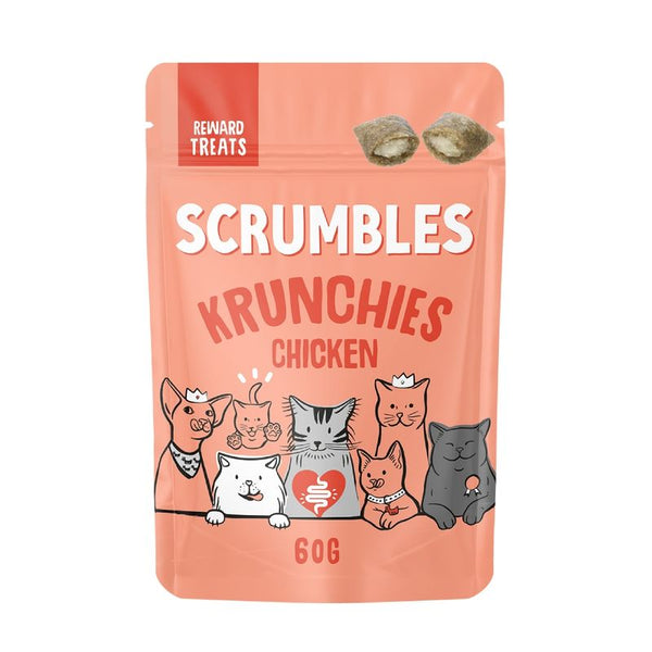Scrumbles Krunchies Chicken reward treats, 60g pack, with illustrated animals and two treat pieces shown on the packaging.