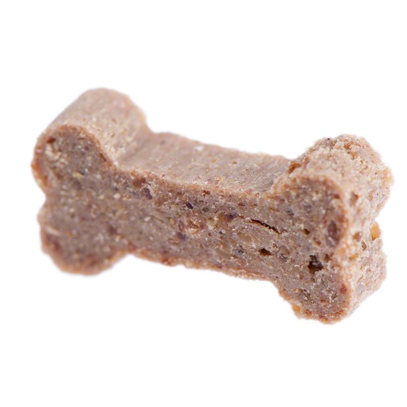 Bone-shaped treat or biscuit shown close up to display texture and size.