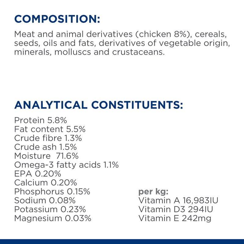 Composition: meat and animal derivatives (chicken 8%), cereals, seeds, oils, vegetable derivatives, minerals, molluscs, crustaceans. Analytical values: protein 5.8%, fat 5.5%, moisture 71.6%.