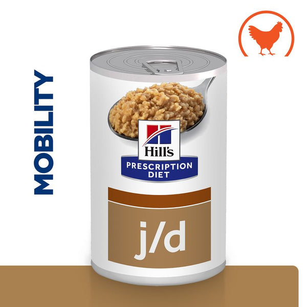 Hill's Prescription Diet j/d can with text 'MOBILITY' and an orange chicken icon, indicating a mobility support food with chicken.