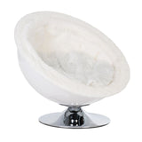 Round, white pet bed with plush lining and a chrome pedestal base, designed for comfortable resting.