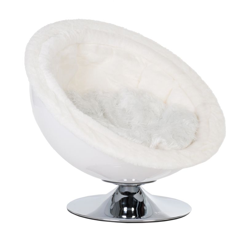 Round, white pet bed with plush lining and a chrome pedestal base, designed for comfortable resting.