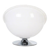 Spherical cat bed with white plush rim and chrome-plated base.