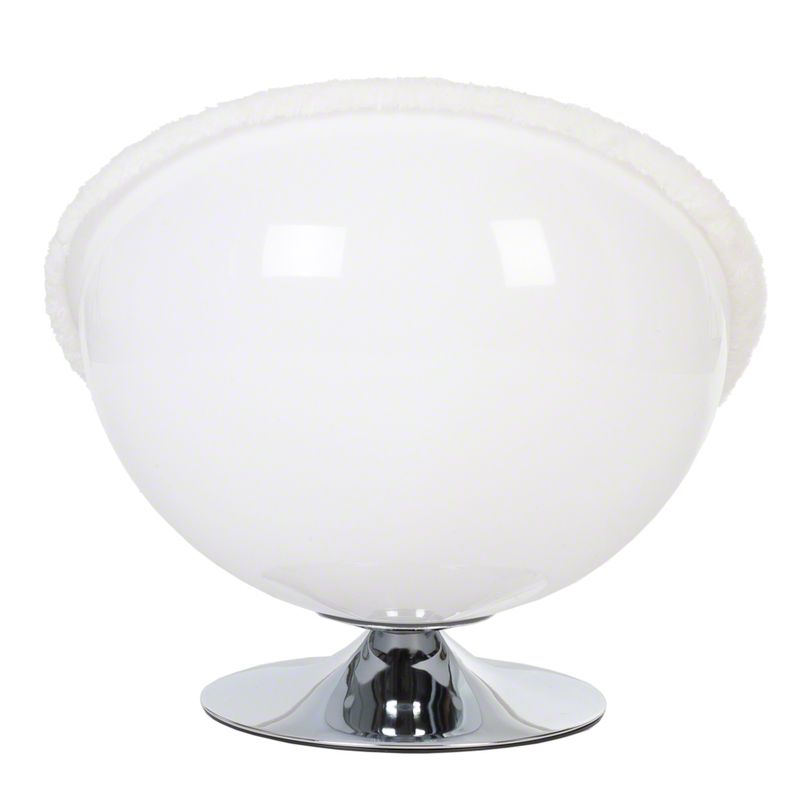 Spherical cat bed with white plush rim and chrome-plated base.