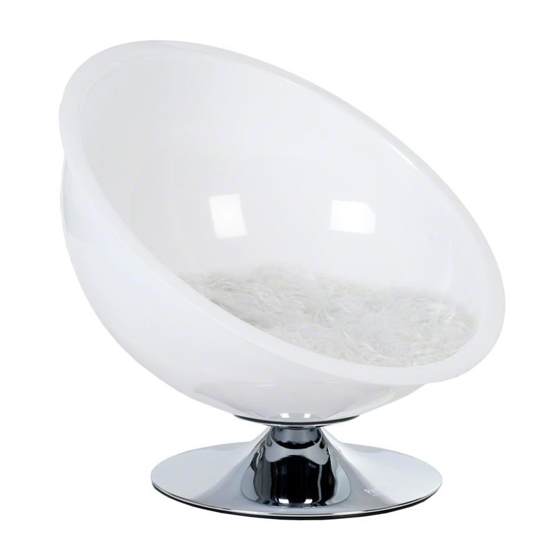 Round white pet bed with transparent plastic frame, soft faux fur cover and chrome metal base.
