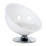 Round white pet bed with transparent plastic frame, soft faux fur cover and chrome metal base.