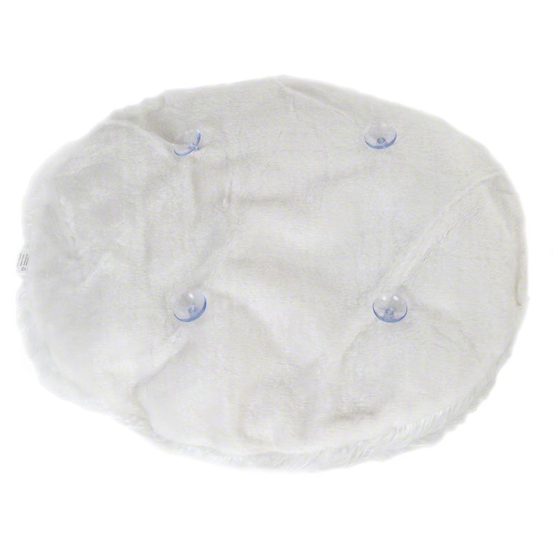 White, round plush cover with four transparent suction cups visible on the surface.