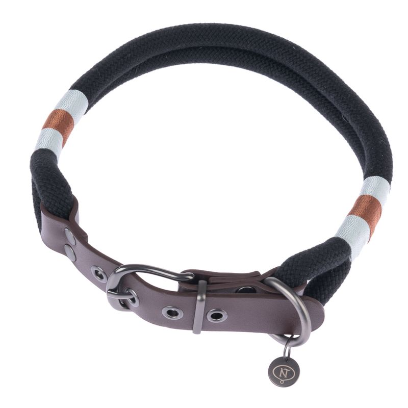 Black collar made of braided fabric with brown and white accents, metal clasp and leather details. Pendant with NT logo visible.