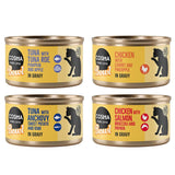 Cosma Bowl cat food in sauce: tuna with tuna roe, pumpkin and apple; chicken with carrot and pineapple; tuna with anchovies, sweet potato and kiwi; chicken with salmon, broccoli and papaya.