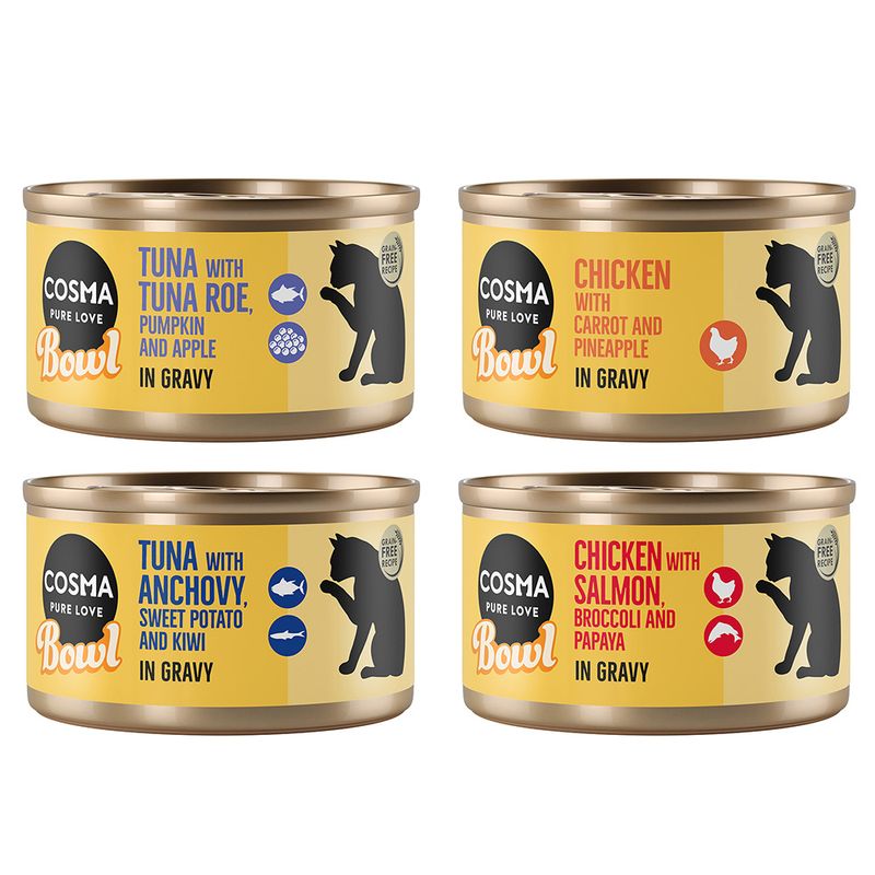 Cosma Bowl cat food in sauce: tuna with tuna roe, pumpkin and apple; chicken with carrot and pineapple; tuna with anchovies, sweet potato and kiwi; chicken with salmon, broccoli and papaya.