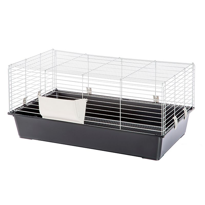 Small animal cage with black plastic tray and white metal grid, including side feed holder.