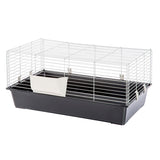 Small animal cage with black plastic tray and white metal grid, including side feed holder.