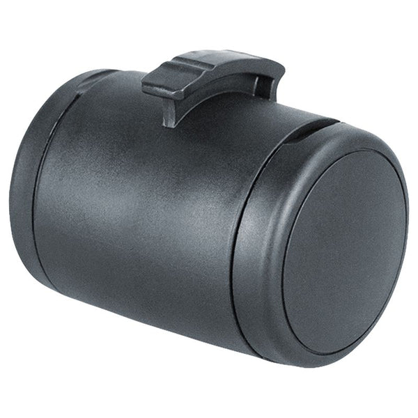 Black plastic container with clip closure, cylindrical shape.