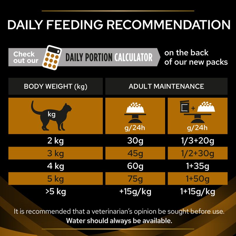 Daily feeding recommendation chart for adult maintenance by body weight in kg, with portion sizes in grams per 24 hours. Includes reminder to consult a vet and ensure water is always available.